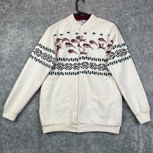 VTG AU Sportswear Sweatshirt Beige All Over Print Button Graphic Medium USA